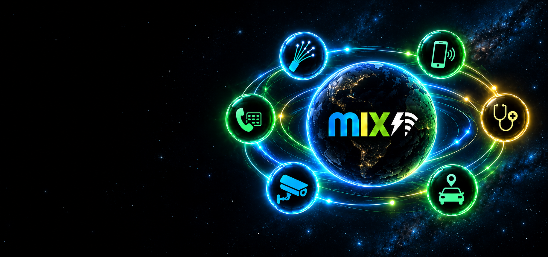 Planeta com a marca Mix à direita, cercado por seis bolhas luminosas que representam fibra óptica, telefonia fixa, telefonia móvel, telemedicina, câmeras de segurança e rastreamento veicular, em um cenário espacial azul e verde.